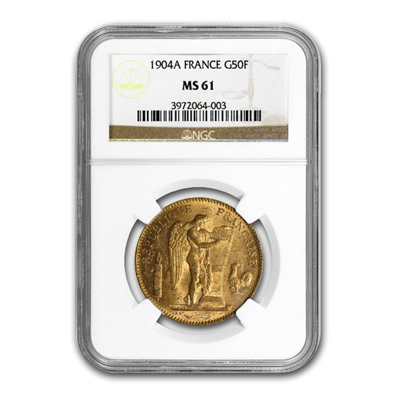 1904-A France Gold 50 Francs Angel MS-61 NGC 1904-A France Gold 50 Francs Angel MS-61 NGC
