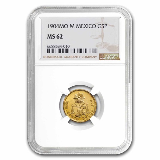 1904 Mo M Mexico Gold 5 Pesos MS-62 NGC 1904 Mo M Mexico Gold 5 Pesos MS-62 NGC