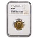 1904 Russia Gold 10 Roubles Nicholas II MS-63 NGC