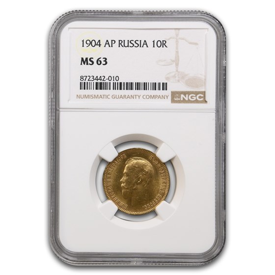 1904 Russia Gold 10 Roubles Nicholas II MS-63 NGC