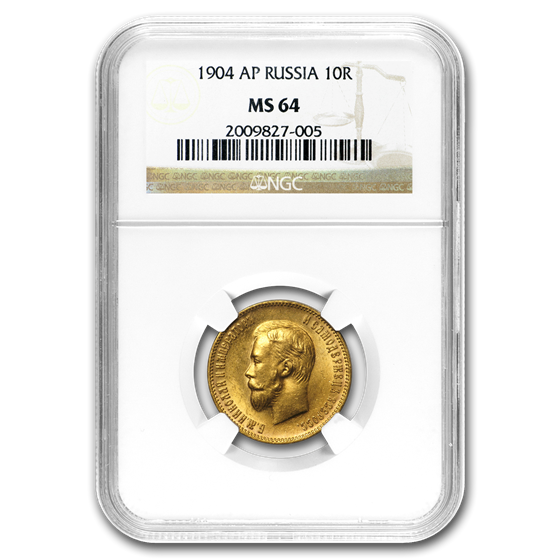 1904 Russia Gold 10 Roubles Nicholas II MS-64 NGC 1904 Russia Gold 10 Roubles Nicholas II MS-64 NGC
