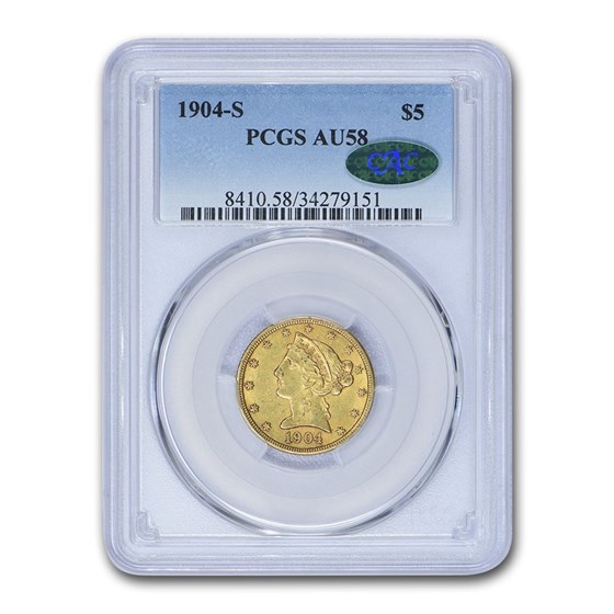 1904-S $5 Liberty Gold Half Eagle AU-58 PCGS CAC 1904-S $5 Liberty Gold Half Eagle AU-58 PCGS CAC