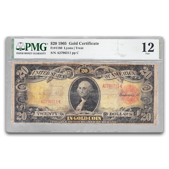 1905 $20 Gold Cert. Technicolor Note F-12 PMG (Fr#1180, Stain)