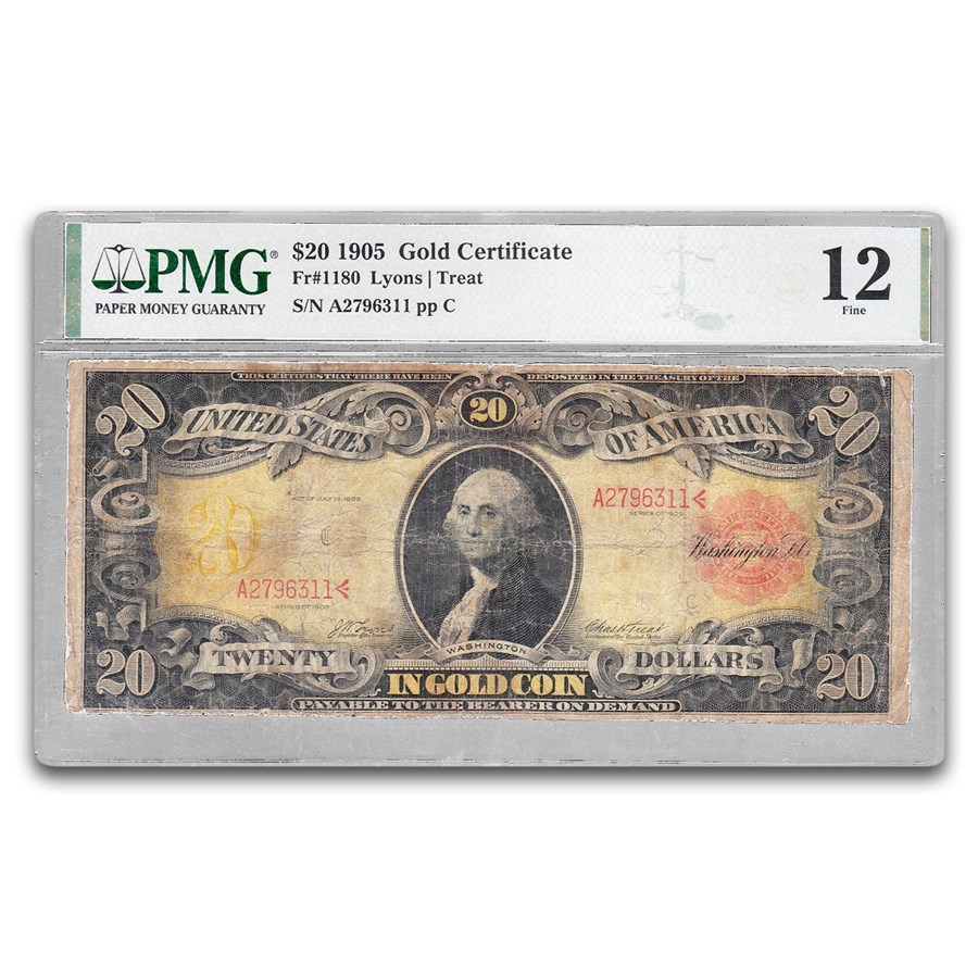 1905 $20 Gold Cert. Technicolor Note F-12 PMG (Fr#1180, Stain)