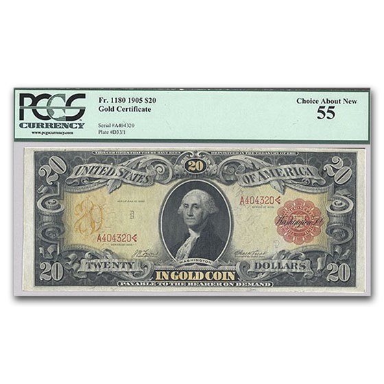 1905 $20 Gold Certificate Technicolor Note AU-55 PCGS (Fr#1180)