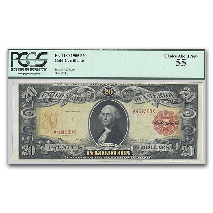 1905 $20 Gold Certificate Technicolor Note AU-55 PCGS (Fr#1180)