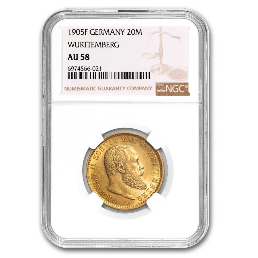 1905 F German States Wurttemberg Gold 20 Mark AU-58 NGC