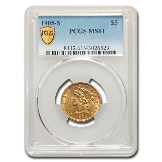 1905-S $5 Liberty Gold Half Eagle MS-61 PCGS 1905-S $5 Liberty Gold Half Eagle MS-61 PCGS