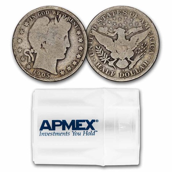 1905-S Barber Half Dollar 20-Coin Roll Avg Circ