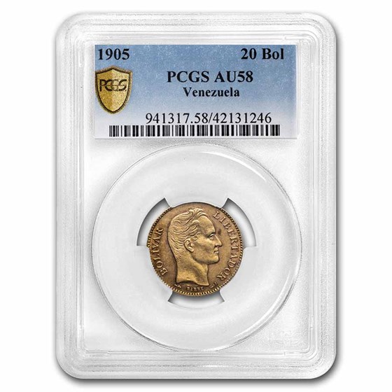 1905 Venezuela Gold 20 Bolivares Simon Bolivar AU-58 PCGS 1905 Venezuela Gold 20 Bolivares Simon Bolivar AU-58 PCGS