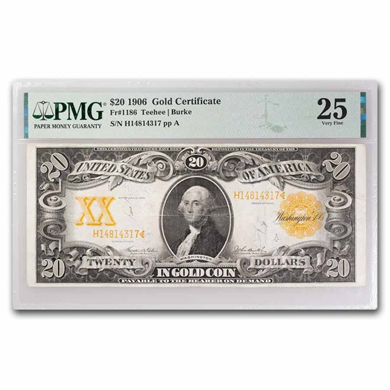 1906 $20 Gold Certificate Washington VF-25 PMG (Fr#1186) 1906 $20 Gold Certificate Washington VF-25 PMG (Fr#1186)