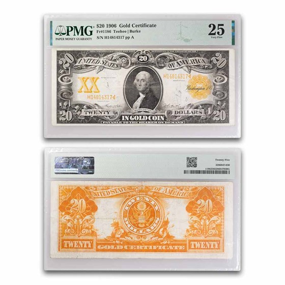 1906 $20 Gold Certificate Washington VF-25 PMG (Fr#1186) 1906 $20 Gold Certificate Washington VF-25 PMG (Fr#1186)