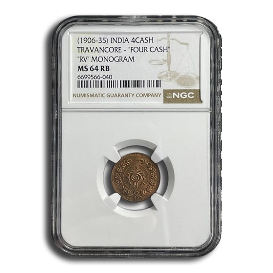 (1906-35) India 4 Cash MS-64 NGC (Red/Brown)