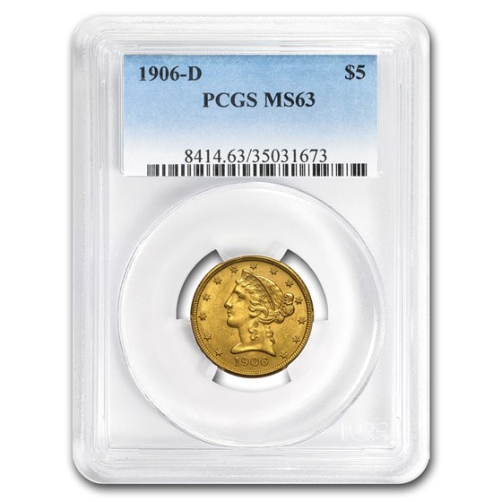 1906-D $5 Liberty Gold Half Eagle MS-63 PCGS 1906-D $5 Liberty Gold Half Eagle MS-63 PCGS