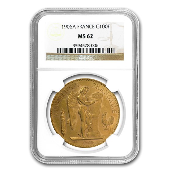 1906 France Gold 100 Francs Angel MS-62 NGC 1906 France Gold 100 Francs Angel MS-62 NGC