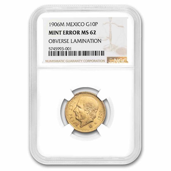 1906 Mexico Gold 10 Pesos MS-62 NGC (Obverse Lamination) 1906 Mexico Gold 10 Pesos MS-62 NGC (Obverse Lamination)