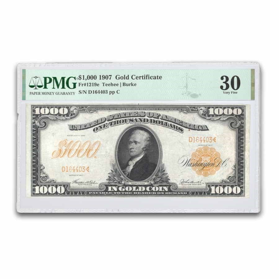 1907 $1,000 Gold Certificate VF-30 PMG (Fr#1219e)
