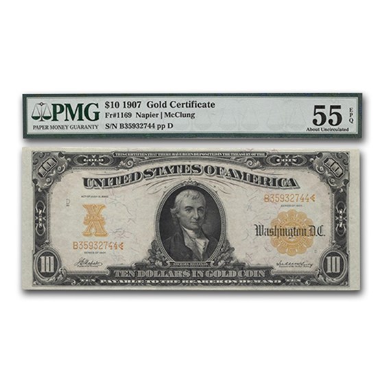 1907 $10 Gold Certificate AU-55 EPQ PMG 1907 $10 Gold Certificate AU-55 EPQ PMG