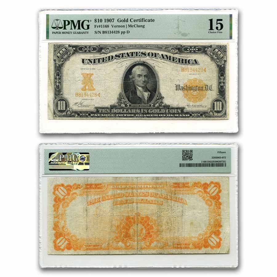 1907 $10 Gold Certificate Hillegas Fine-15 PMG (Fr#1168)
