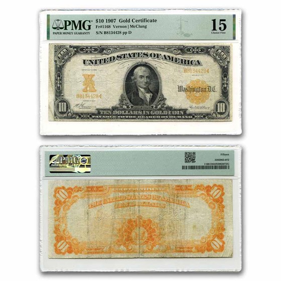 1907 $10 Gold Certificate Hillegas Fine-15 PMG (Fr#1168) 1907 $10 Gold Certificate Hillegas Fine-15 PMG (Fr#1168)