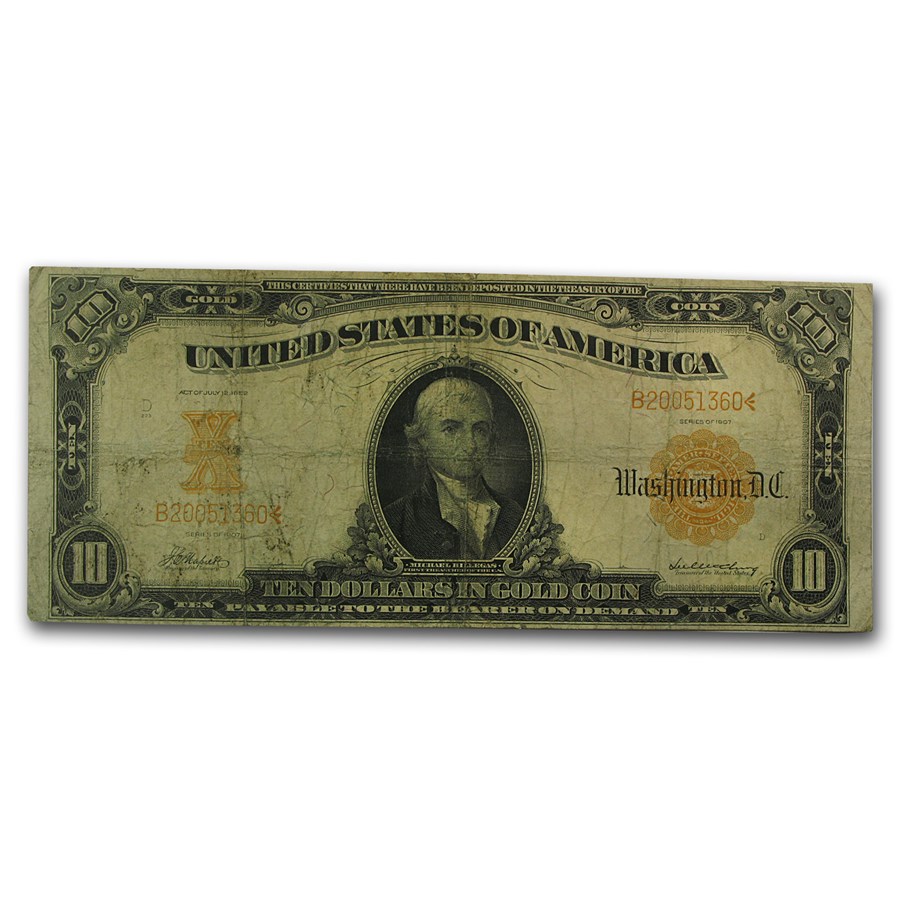 1907 $10 Gold Certificate Hillegas Fine (Fr#1169)