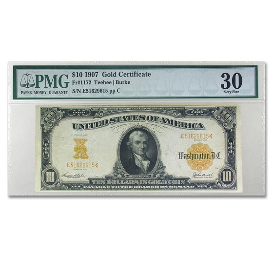1907 $10 Gold Certificate VF-30 PMG 1907 $10 Gold Certificate VF-30 PMG