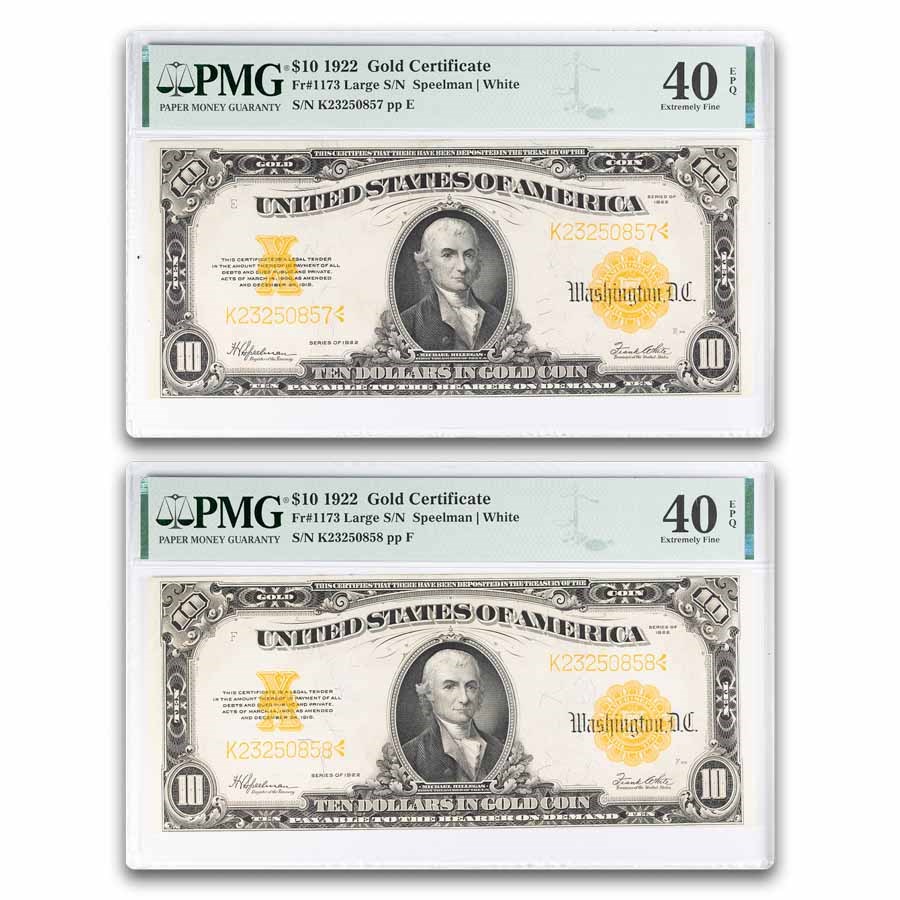1907 $10 Gold Certificate XF-40 EPQ PMG (Fr#1173) 2 Cons.