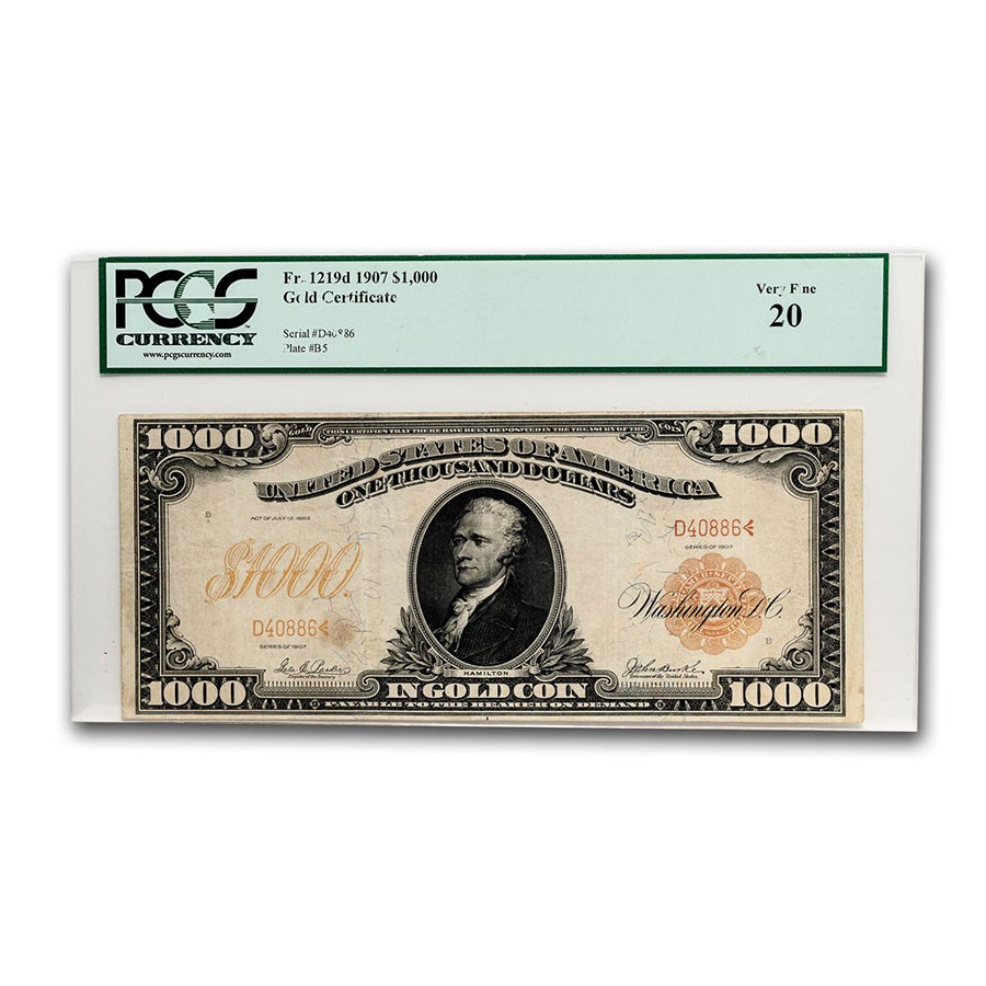 1907 $1000 Gold Certificate VF-20 PCGS (Fr#1219-D)