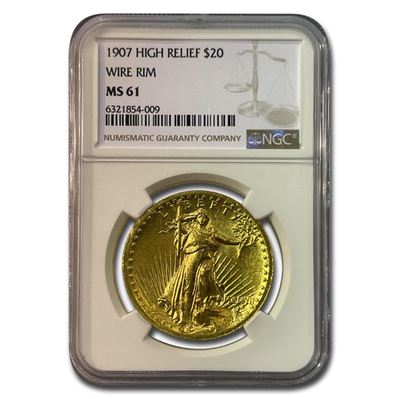 1907 $20 Saint-Gaudens Gold High Relief MS-61 NGC (Wire Rim)