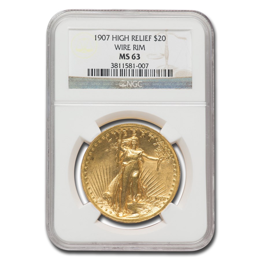 1907 $20 Saint-Gaudens Gold High Relief Wire Rim MS-63 NGC