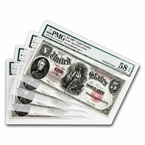 1907 $5.00 Legal Tender Woodchooper CU-64 PMG (Fr#91)4 Consec 1907 $5.00 Legal Tender Woodchooper CU-64 PMG (Fr#91)4 Consec