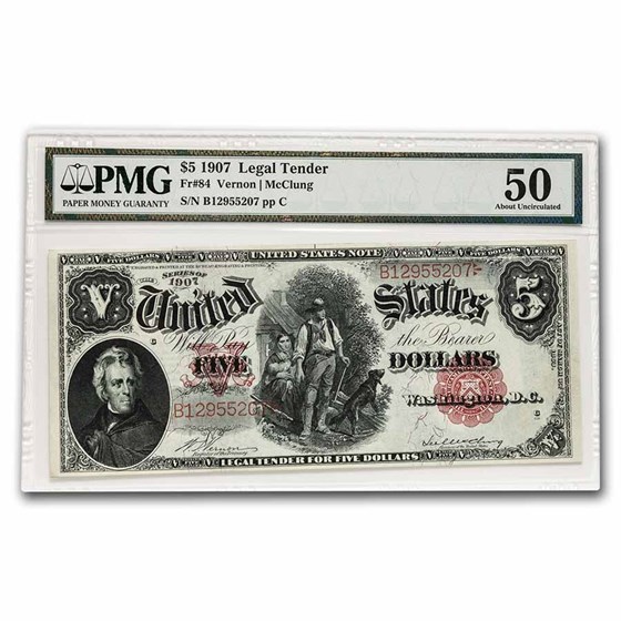 1907 $5.00 Legal Tender Woodchopper AU-50 PMG (Fr#84) 1907 $5.00 Legal Tender Woodchopper AU-50 PMG (Fr#84)