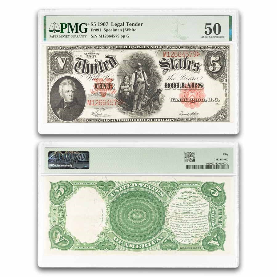 1907 $5.00 Legal Tender Woodchopper AU-50 PMG (Fr#91)