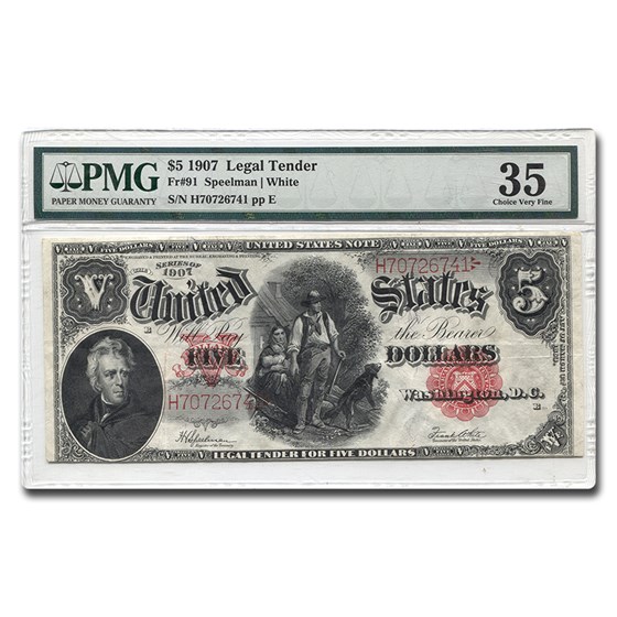1907 $5.00 Legal Tender Woodchopper CH VF-35 PMG(Fr#91)Details 1907 $5.00 Legal Tender Woodchopper CH VF-35 PMG(Fr#91)Details