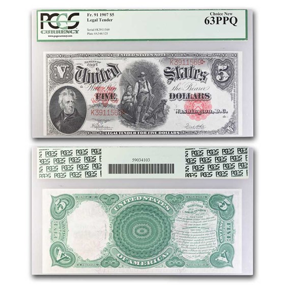 1907 $5.00 Legal Tender Woodchopper CU-63 PPQ PCGS (Fr#91) 1907 $5.00 Legal Tender Woodchopper CU-63 PPQ PCGS (Fr#91)