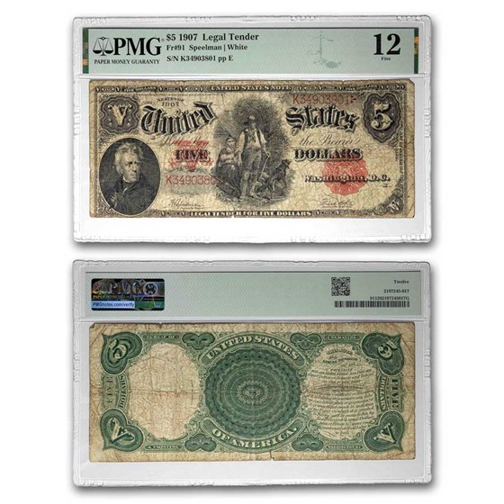 1907 $5.00 Legal Tender Woodchopper F-12 PMG (Fr#91) 1907 $5.00 Legal Tender Woodchopper F-12 PMG (Fr#91)