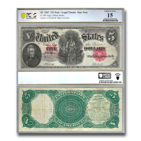 1907 $5.00 Legal Tender Woodchopper F-15 PCGS (Fr#89*) Star Note 1907 $5.00 Legal Tender Woodchopper F-15 PCGS (Fr#89*) Star Note