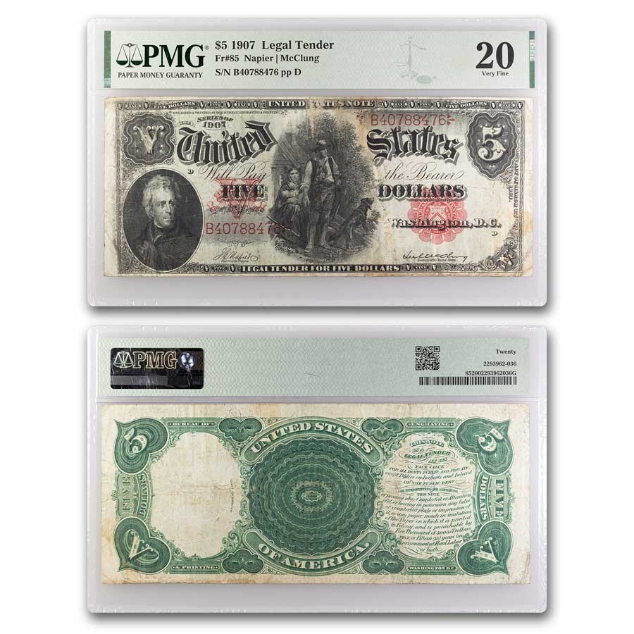 1907 $5.00 Legal Tender Woodchopper VF-20 PMG (Fr#85)