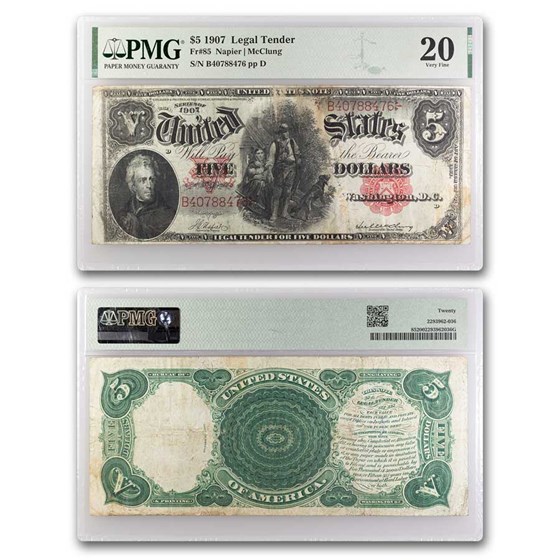 1907 $5.00 Legal Tender Woodchopper VF-20 PMG (Fr#85) 1907 $5.00 Legal Tender Woodchopper VF-20 PMG (Fr#85)