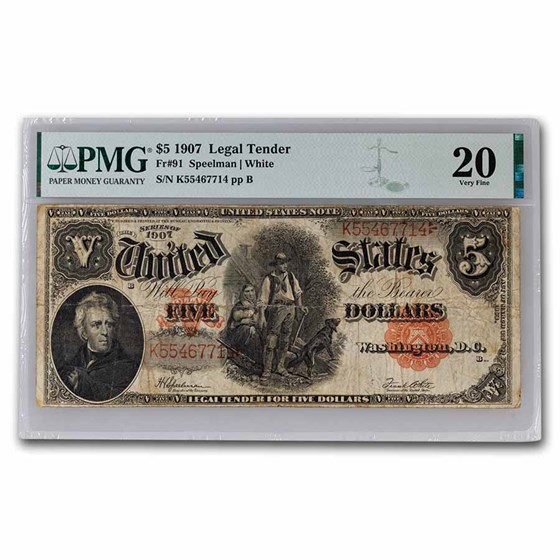 1907 $5.00 Legal Tender Woodchopper VF-20 PMG (Fr#91) 1907 $5.00 Legal Tender Woodchopper VF-20 PMG (Fr#91)