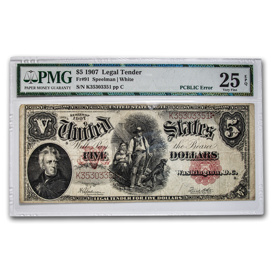 1907 $5.00 Legal Tender Woodchopper VF-25 EPQ PMG (PCBLIC Error) 1907 $5.00 Legal Tender Woodchopper VF-25 EPQ PMG (PCBLIC Error)