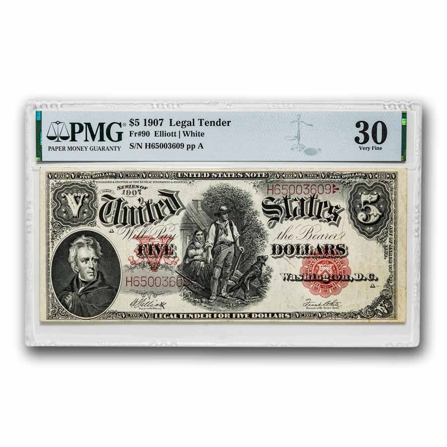 1907 $5.00 Legal Tender Woodchopper VF-30 PMG (Fr#90)