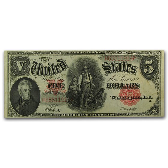 1907 $5.00 Legal Tender Woodchopper VF+ (Fr#90) 1907 $5.00 Legal Tender Woodchopper VF+ (Fr#90)