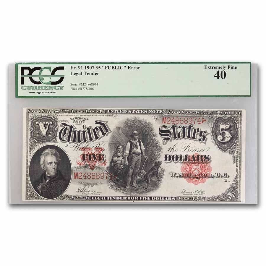 1907 $5.00 Legal Tender Woodchopper XF-40 PCGS (Fr#91) PCBLIC