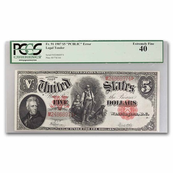 1907 $5.00 Legal Tender Woodchopper XF-40 PCGS (Fr#91) PCBLIC 1907 $5.00 Legal Tender Woodchopper XF-40 PCGS (Fr#91) PCBLIC