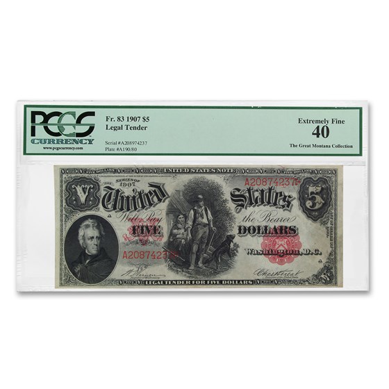 1907 $5.00 Legal Tender Woodchopper XF-40 PCGS 1907 $5.00 Legal Tender Woodchopper XF-40 PCGS