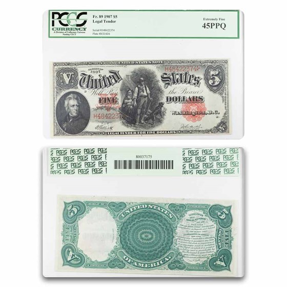 1907 $5.00 Legal Tender Woodchopper XF-45 PPQ PCGS (Fr#89)