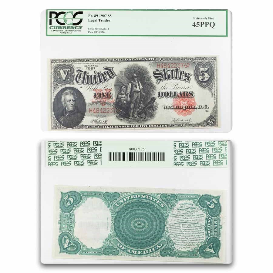 1907 $5.00 Legal Tender Woodchopper XF-45 PPQ PCGS (Fr#89)