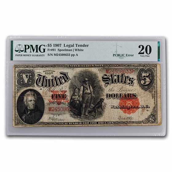 1907 $5 Legal Tender Woodchopper VF-20 PMG (Fr#91) PCBLIC