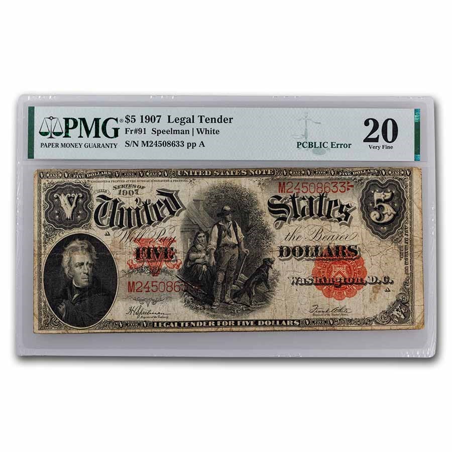 1907 $5 Legal Tender Woodchopper VF-20 PMG (Fr#91) PCBLIC